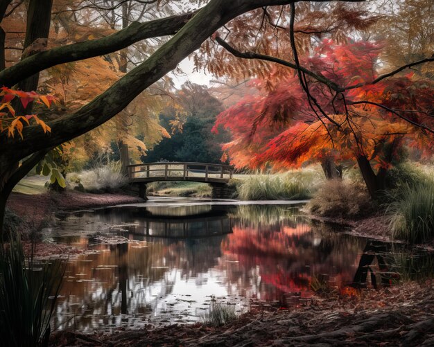 un pont sur un petit étang entouré d'arbres