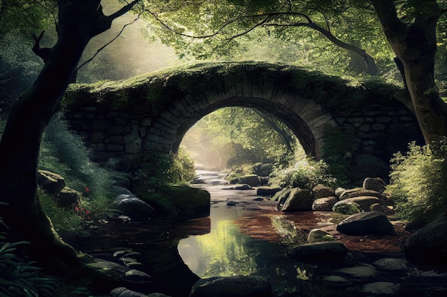 Pont de pierre entouré d'une forêt luxuriante avec la lumière du soleil filtrant à travers les arbres