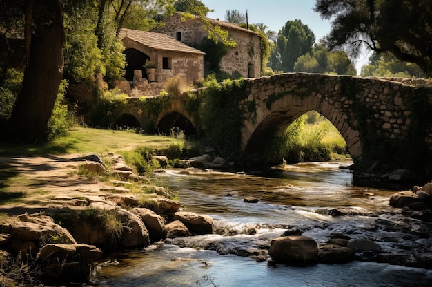 Photo un pont de pierre sur une rivière avec une maison au sommet