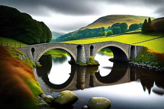 Un pont en pierre traverse une rivière dans la région des lacs. Illustration numérique