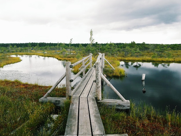 Pont piétonnier en bois sur la rivière