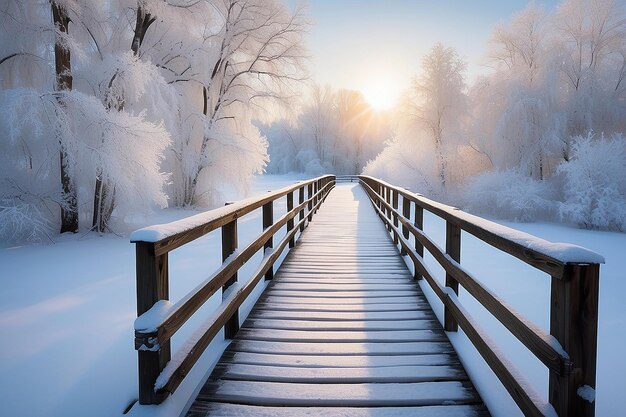 Photo un pont piétonnier enneigé et glacé en hiver