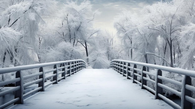 Un pont piétonnier enneigé et glacial en hiver