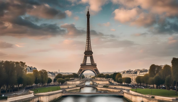 un pont avec un pont en arrière-plan et le mot tour Eiffel en bas