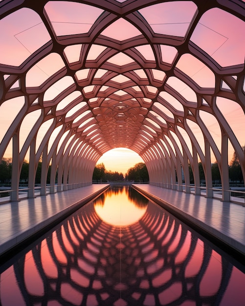 un pont avec un reflet d'un coucher de soleil dans l'eau.