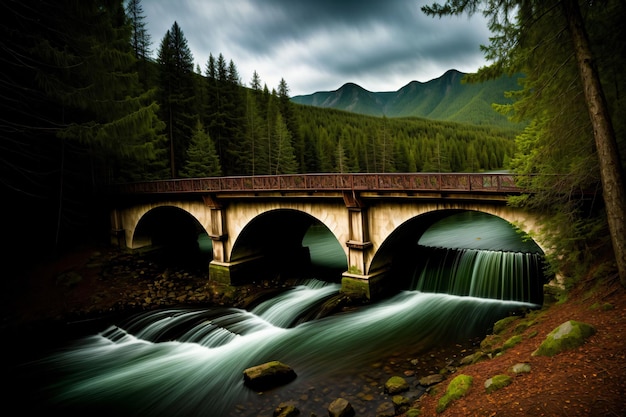 Un pont sur une rivière au milieu d'une forêt