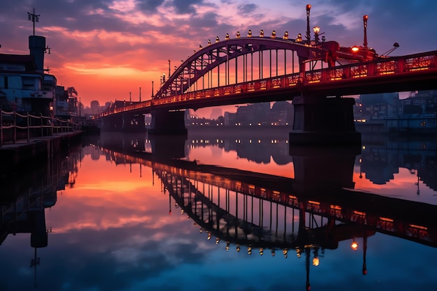 Photo un pont sur une rivière avec un coucher de soleil en arrière-plan