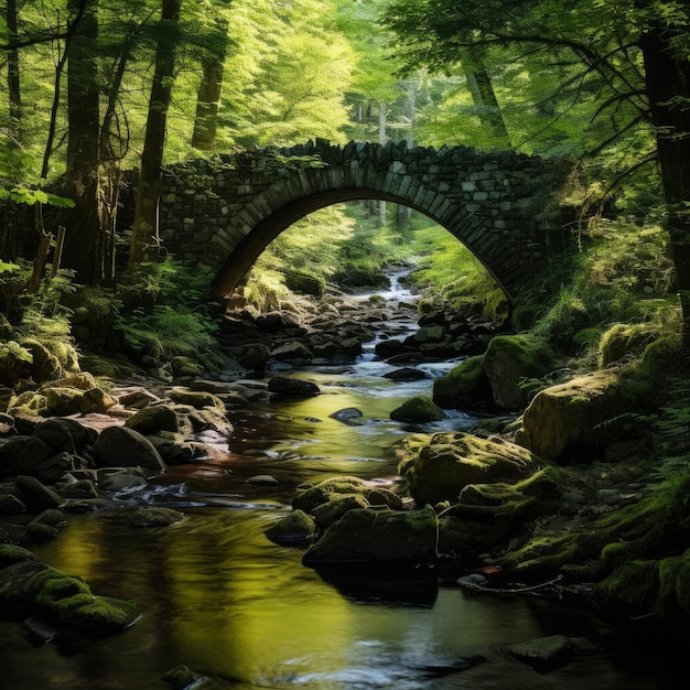 un pont sur une rivière dans une forêt