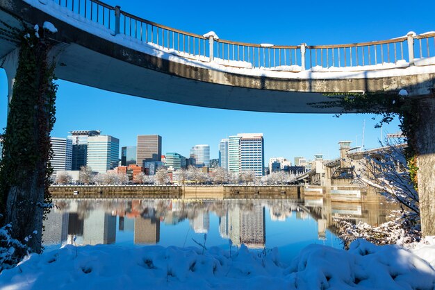 Pont sur la rivière dans la ville contre un ciel bleu clair