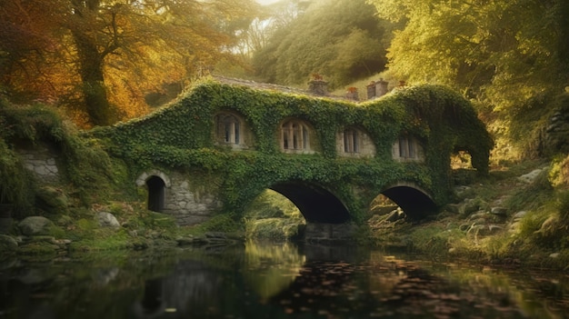 Un pont sur une rivière avec du lierre dessus