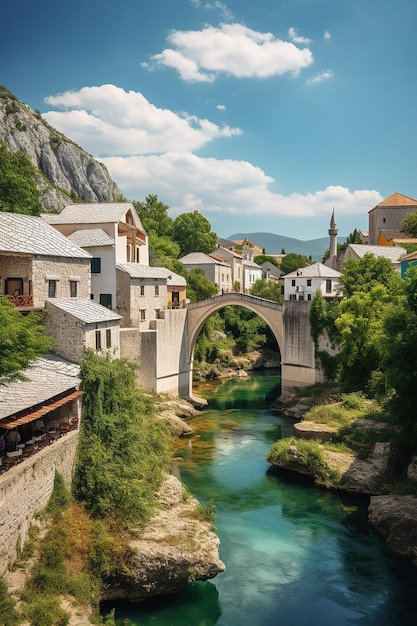 Un pont sur une rivière avec une église en arrière-plan