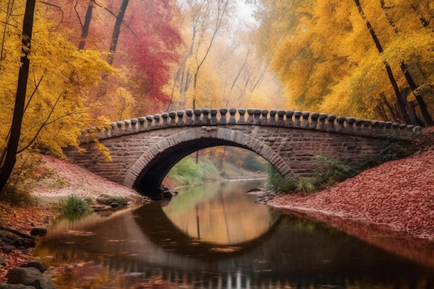 Pont sur une rivière avec des feuilles d'automne