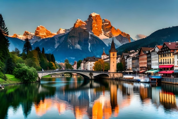 Photo un pont sur une rivière avec une montagne en arrière-plan