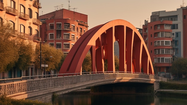 Un pont sur une rivière avec un pont rouge en arrière-plan