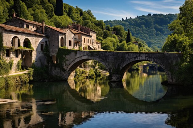 Photo un pont sur une rivière avec un reflet d'un château dans l'eau