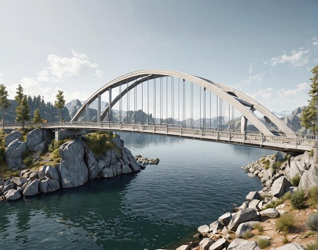 un pont sur une rivière avec des rochers et des arbres