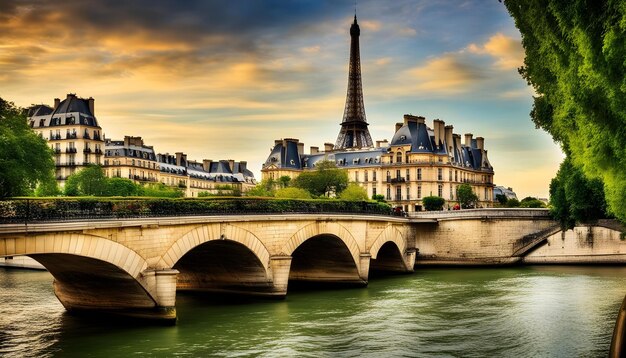 un pont sur la rivière avec une tour en arrière-plan