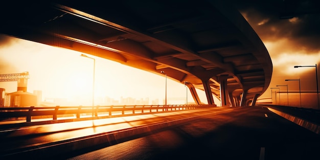 Un pont sur une rivière traversé par une lumière jaune.