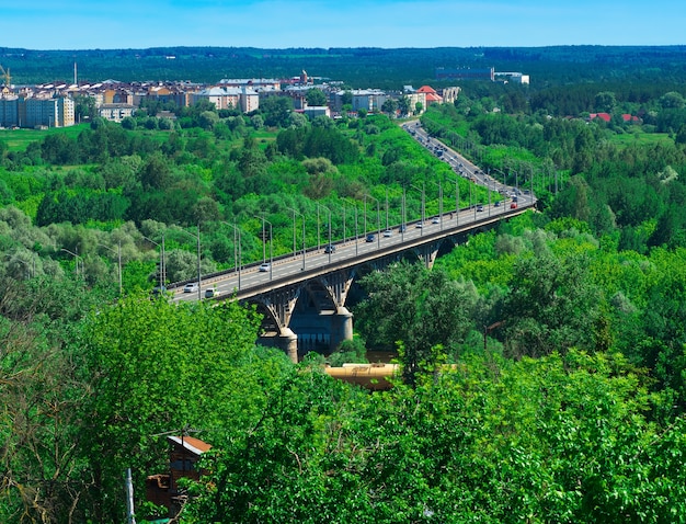 Pont routier en diagonale sur fond de bois vert