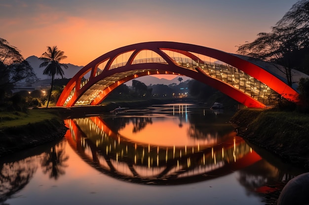 Un pont le soir avec un coucher de soleil en arrière-plan