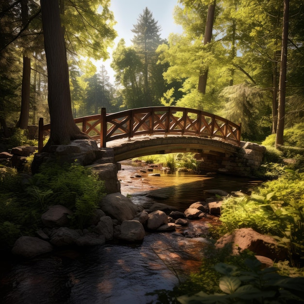 Un pont de style Arts and Crafts au milieu d'une rivière sereine et d'une forêt luxuriante