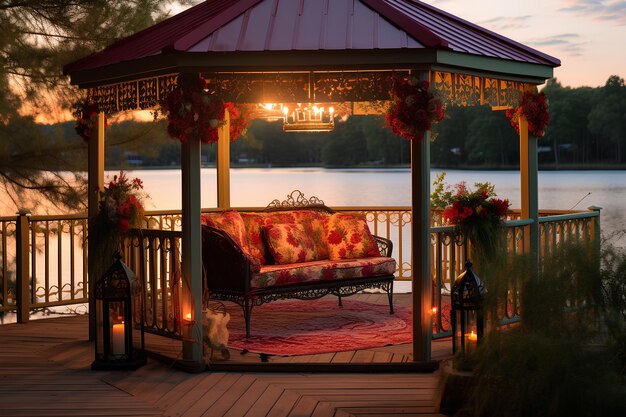 Un pont surplombant un lac au coucher du soleil devant un gazebo