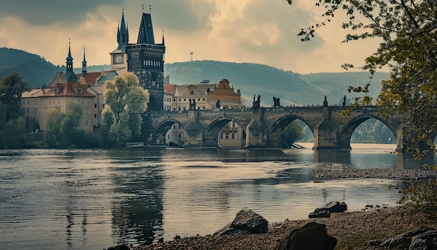 Un pont surplombe une rivière devant une ville avec un château en arrière-plan