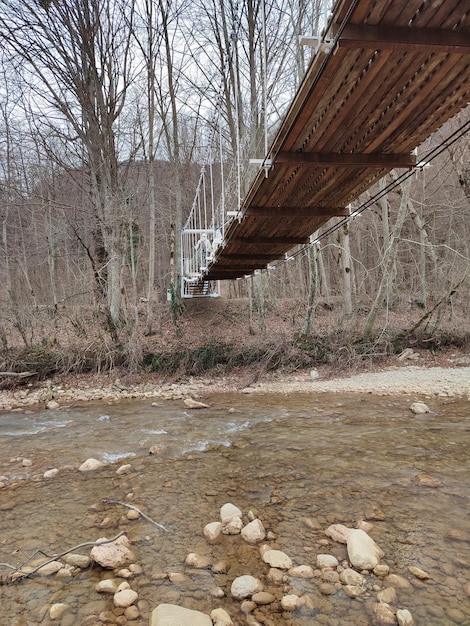 Pont suspendu au-dessus de la rivière dans la forêt. printemps.