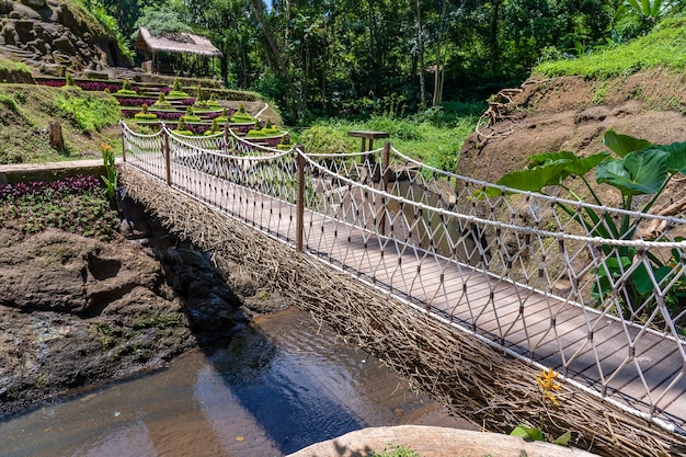 Pont suspendu dans la jungle près des rizières en terrasses de l'île de Bali, Indonésie . Concept de nature et de voyage