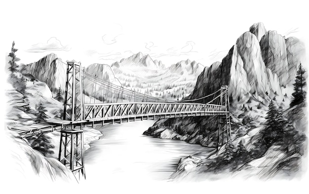 Pont suspendu dans les montagnes Illustration en noir et blanc