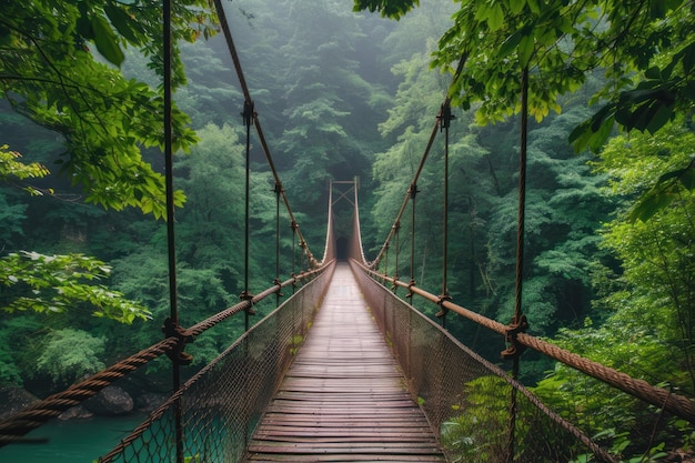 Un pont suspendu sur une rivière dans une forêt