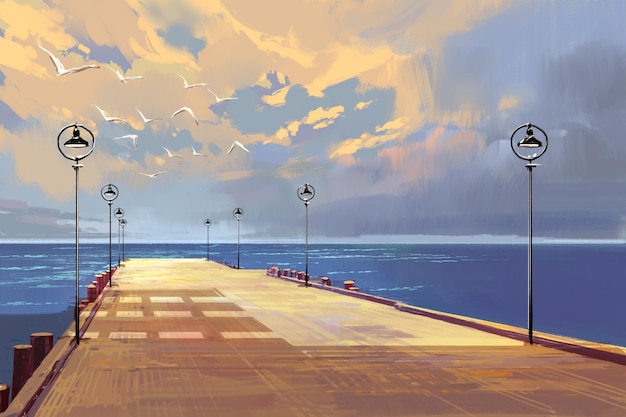 Pont Vers La Mer Contre Beau Ciel, Peinture D'illustration