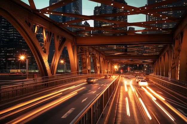 Un pont de la ville aux heures de pointe avec des voitures cyclistes