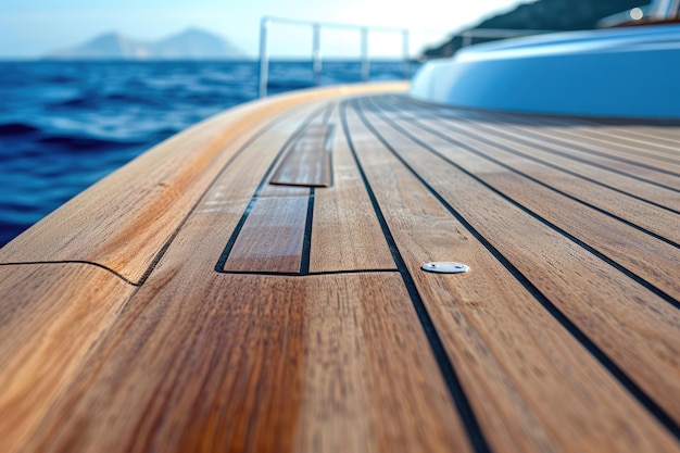 Photo pont de yacht fait de planches de teck en gros plan sur le fond de la mer