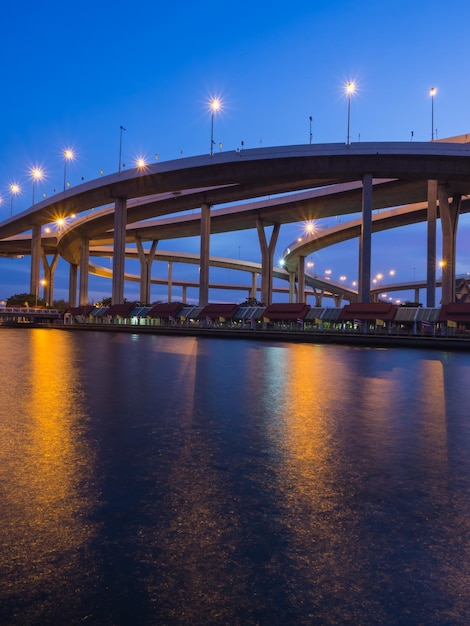 Ponts annulaires industriels connus sous le nom de ponts Bhumibhol sur la rivière Chaophraya au crépuscule