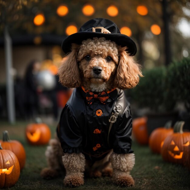 Un poodle gothic adorable dans un costume d'Halloween effrayant