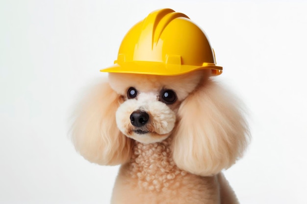 Poodle portant un casque de construction jaune isolé sur un fond blanc solide