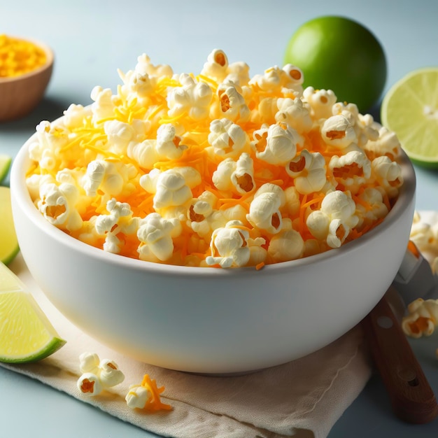 Pop-corn au fromage cheddar salé dans un bol blanc sur une table bleu clair