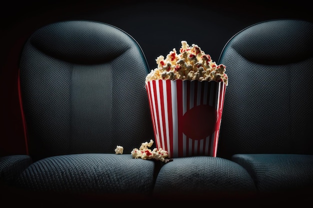 Pop-corn de cinéma sur sièges rouges généré par l'IA