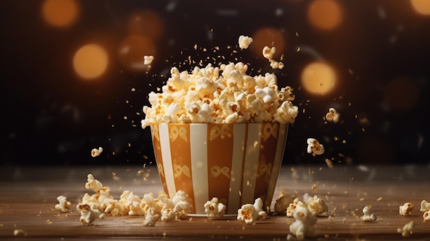 Pop-corn dans une boîte rayée avec un fond sombre