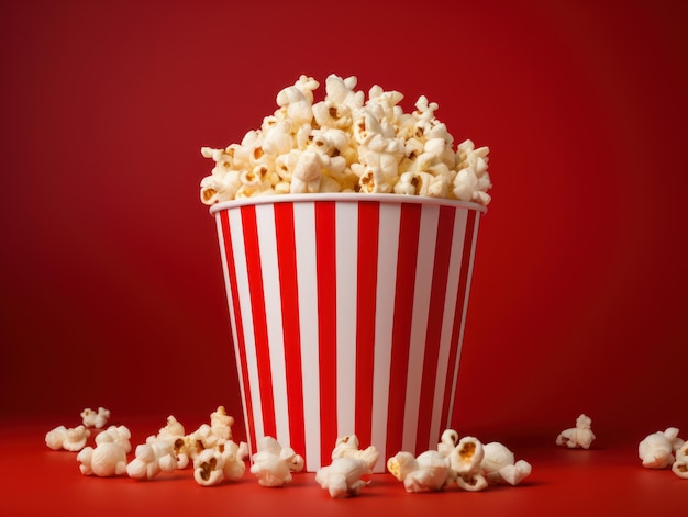 Pop-corn dans un seau en carton à rayures rouges et blanches sur fond rouge