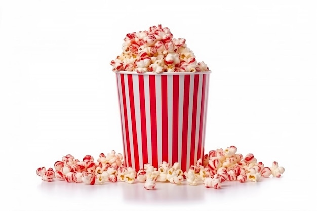 Pop-corn dans un seau rayé avec des rayures rouges et blanches