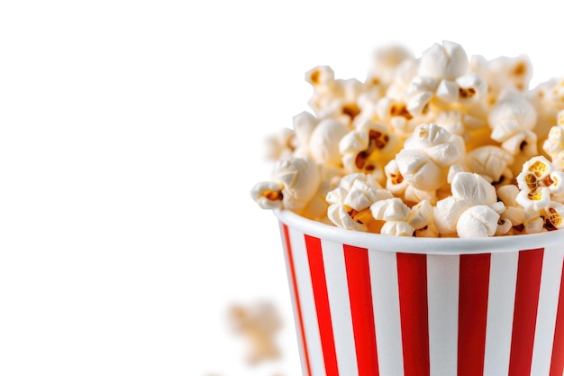 Pop-corn dans un seau à rayures rouges et blanches isolé sur un fond blanc