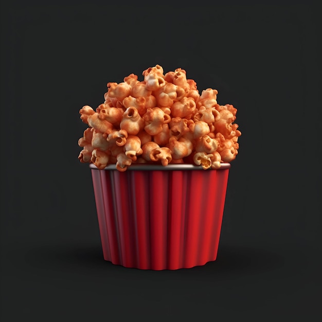 Pop-corn dans un seau rouge isolé sur fond noir illustration 3d