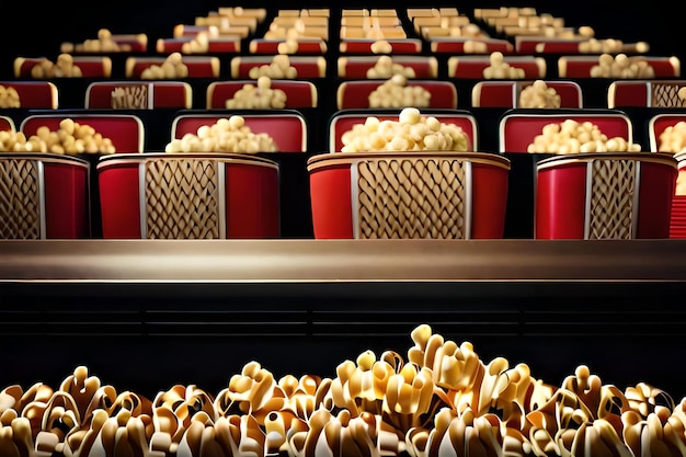Photo pop-corn dans un théâtre avec un seau rouge et un panier de pop-corn sur la gauche.