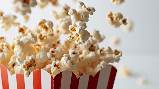 Pop-corn lévitant d'une boîte en papier sur fond blanc avec de la place pour écrire