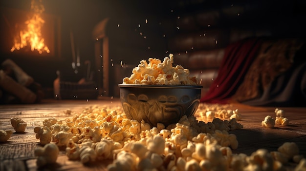 Pop-corn sur une table dans une pièce sombre