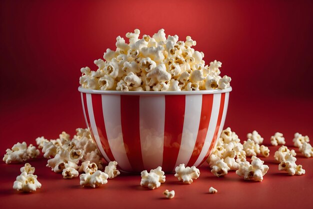 Pop-corn tombant dans une boîte à rayures rouges et blanches sur fond rouge