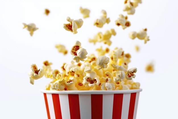 Pop-corn tombant ou versant dans un seau rayé isolé sur fond blanc