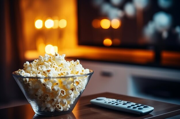 Popcorn dans un bol de verre et télécommande devant le téléviseur dans un intérieur de maison Regarder des émissions de télévision et des séries de télévision par câble Generative Ai